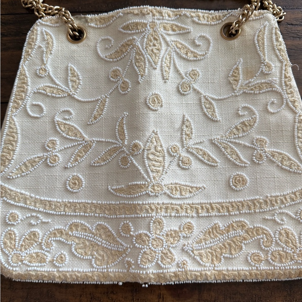 Vintage Cream Embroidered Intricate Shoulder Bag Made in France The Carib Shop - Picture 2 of 6